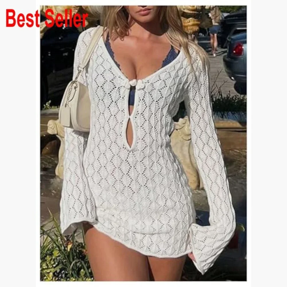 Crochet Mini Dress Swimsuit Coverup Long Sleeve Beach Cover Up